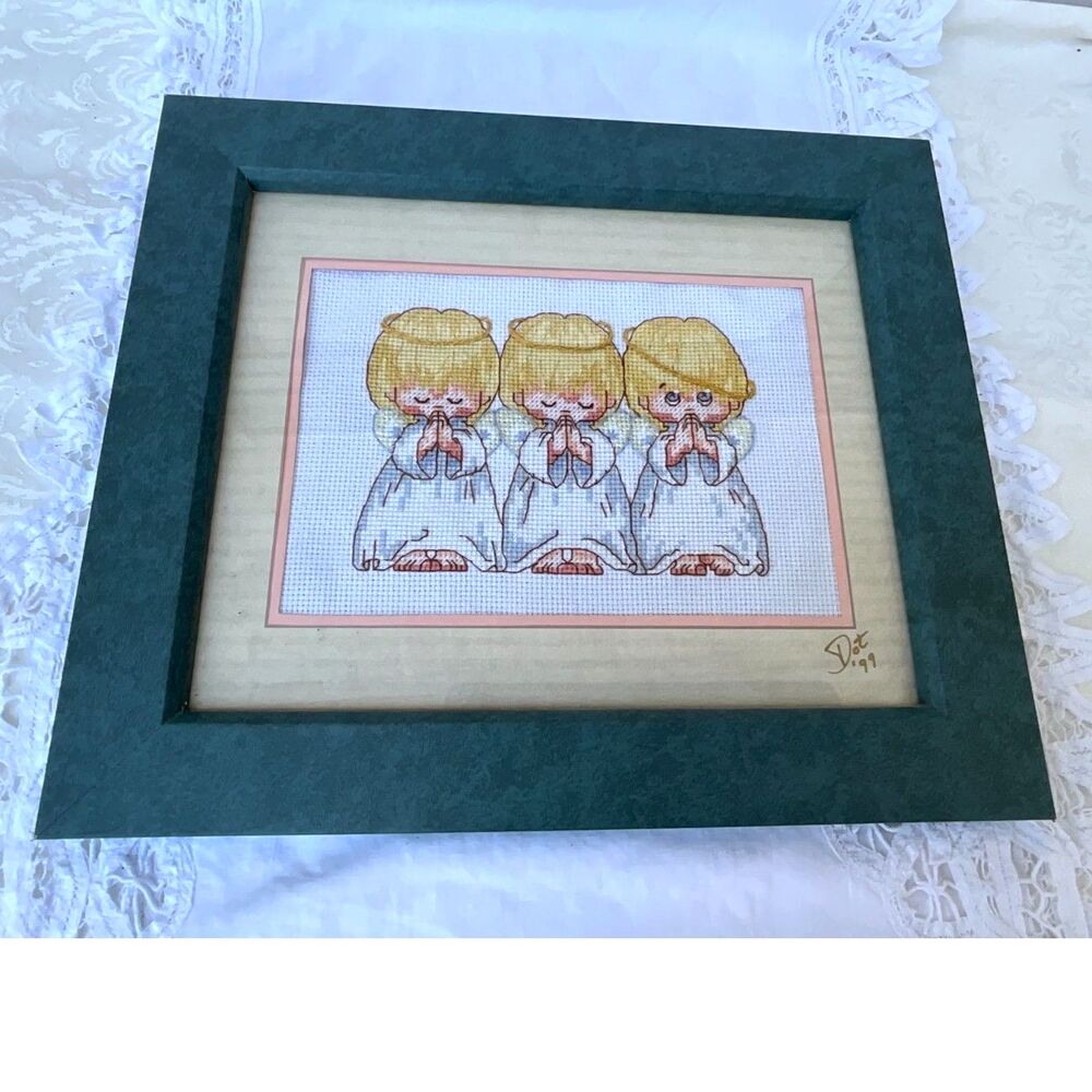 Vintage Grandmacore framed needlepoint 3 Angels signed 1999 so pretty
